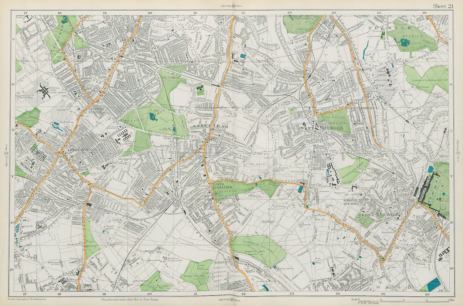 STREATHAM Mitcham Balham Tooting Streatham Norwood Dulwich. BACON  1913 map